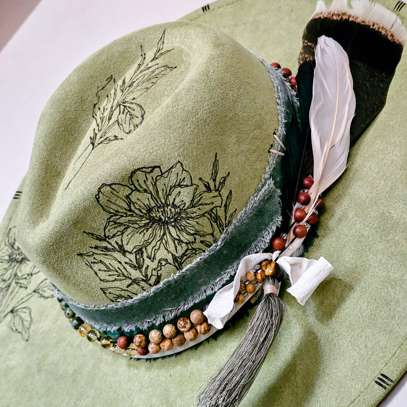 Floral Envy || Green Suede Burned Wide Brim Hat