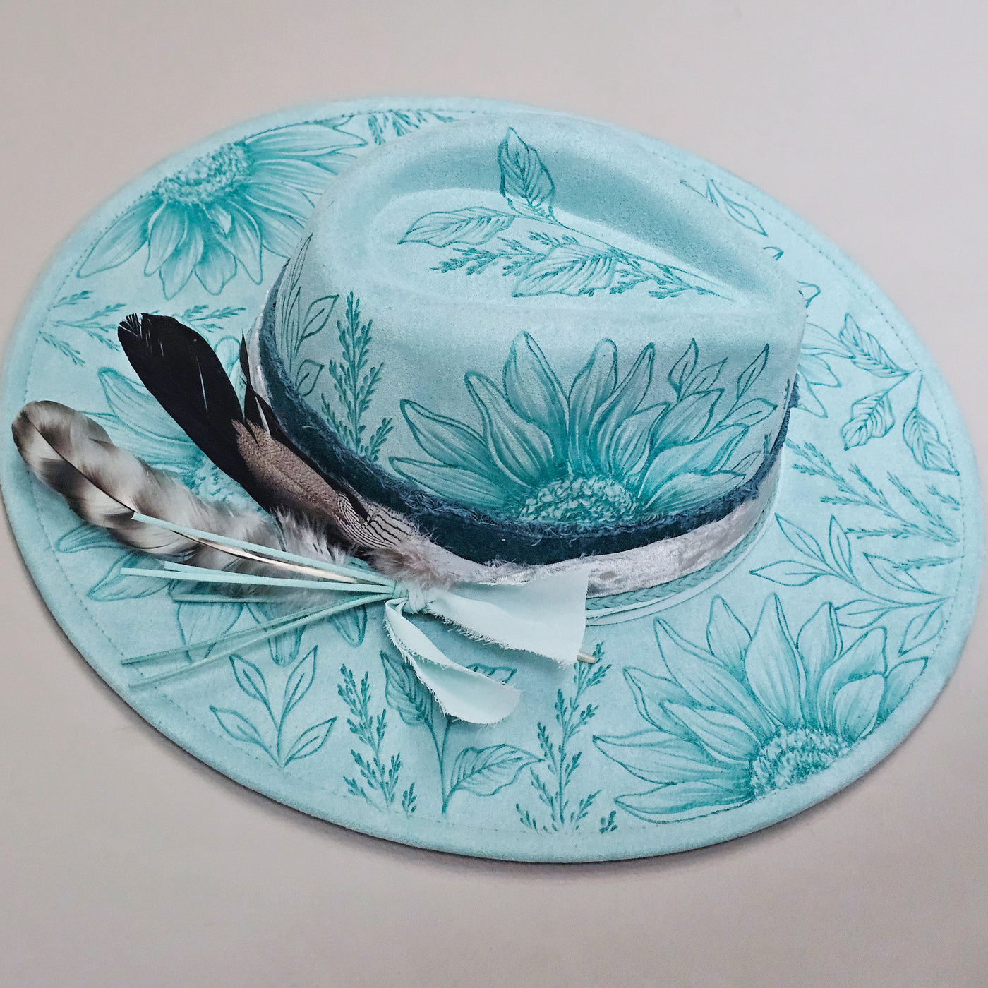 Sunflower Paradise  || Light Aqua Suede Burned Wide Brim Hat