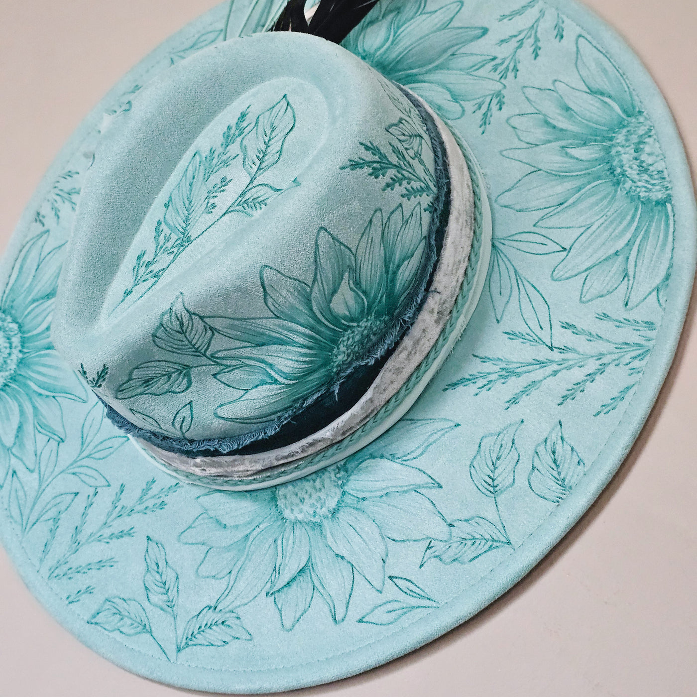 Sunflower Paradise  || Light Aqua Suede Burned Wide Brim Hat