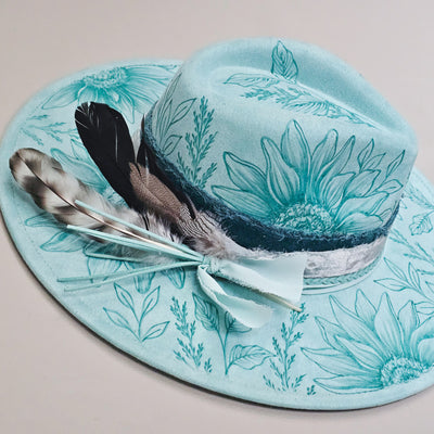 Sunflower Paradise  || Light Aqua Suede Burned Wide Brim Hat