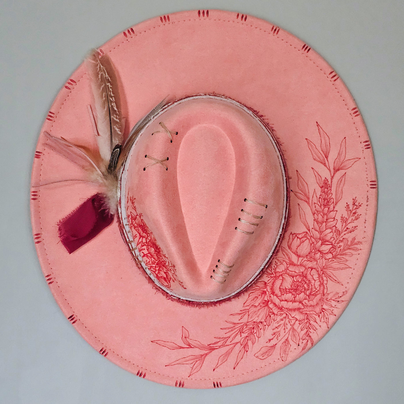 Beauty Queen || Peach Pink Suede Freehand Burned Wide Brim Hat