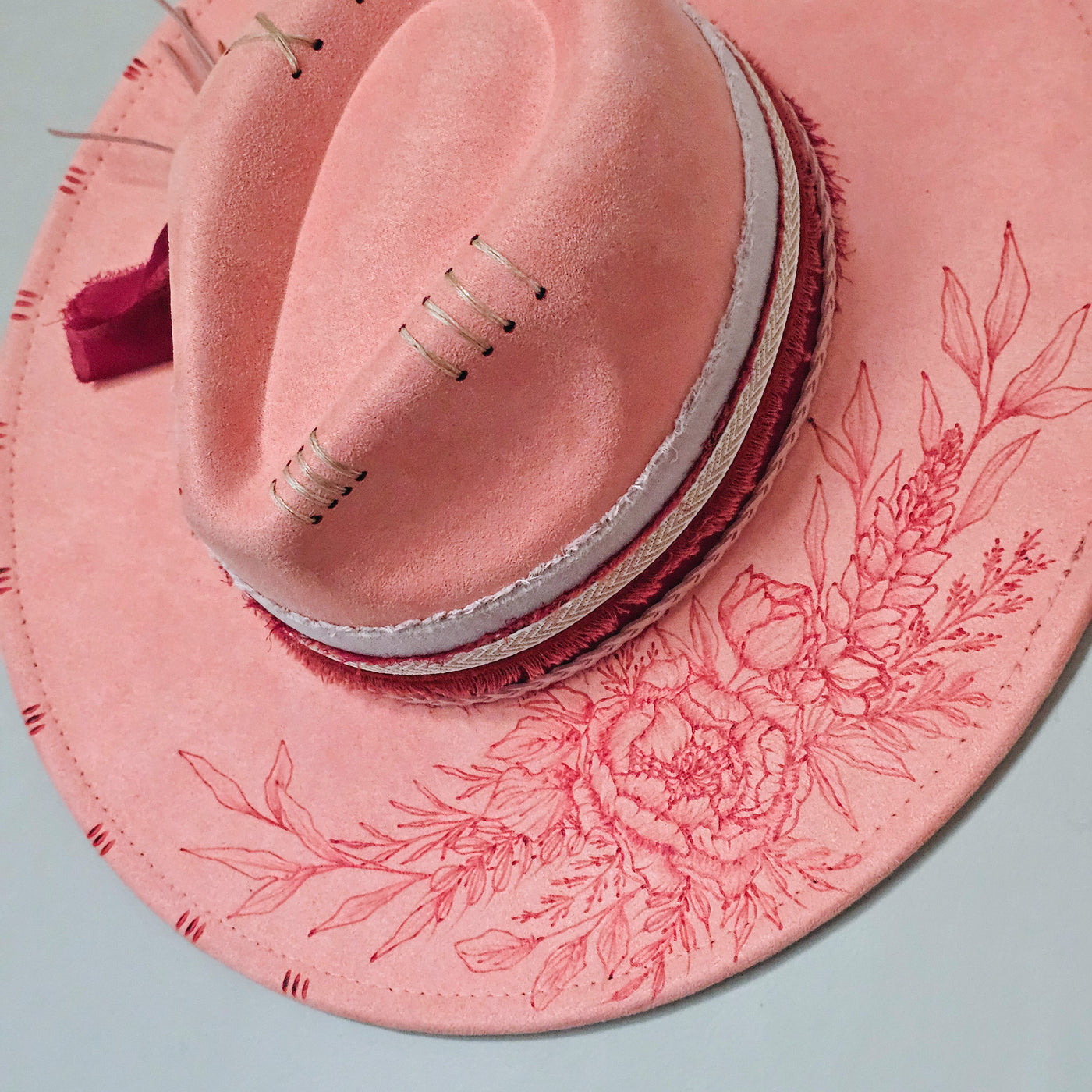 Beauty Queen || Peach Pink Suede Freehand Burned Wide Brim Hat