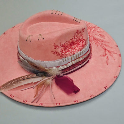 Beauty Queen || Peach Pink Suede Freehand Burned Wide Brim Hat