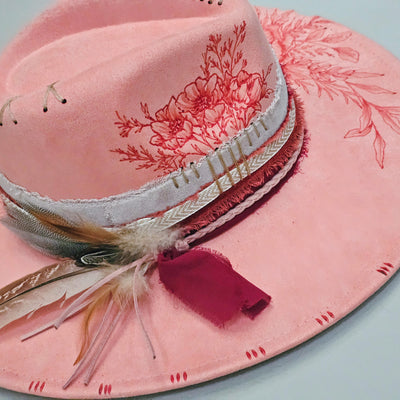 Beauty Queen || Peach Pink Suede Freehand Burned Wide Brim Hat