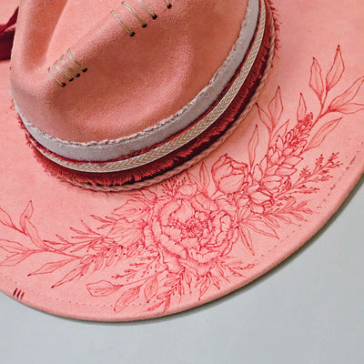 Beauty Queen || Peach Pink Suede Freehand Burned Wide Brim Hat