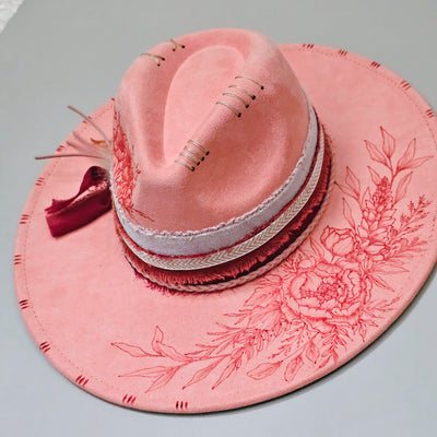 Beauty Queen || Peach Pink Suede Freehand Burned Wide Brim Hat