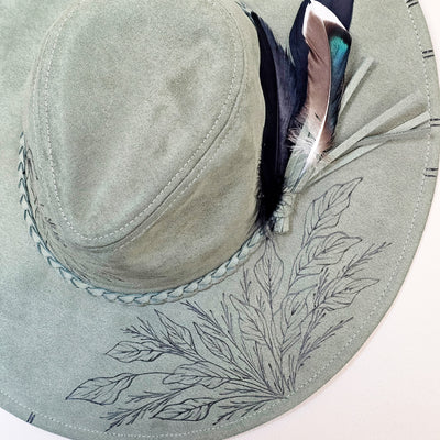 Let's Go for a Hike || Sage Green Suede Burned Wide Brim Floppy Hat