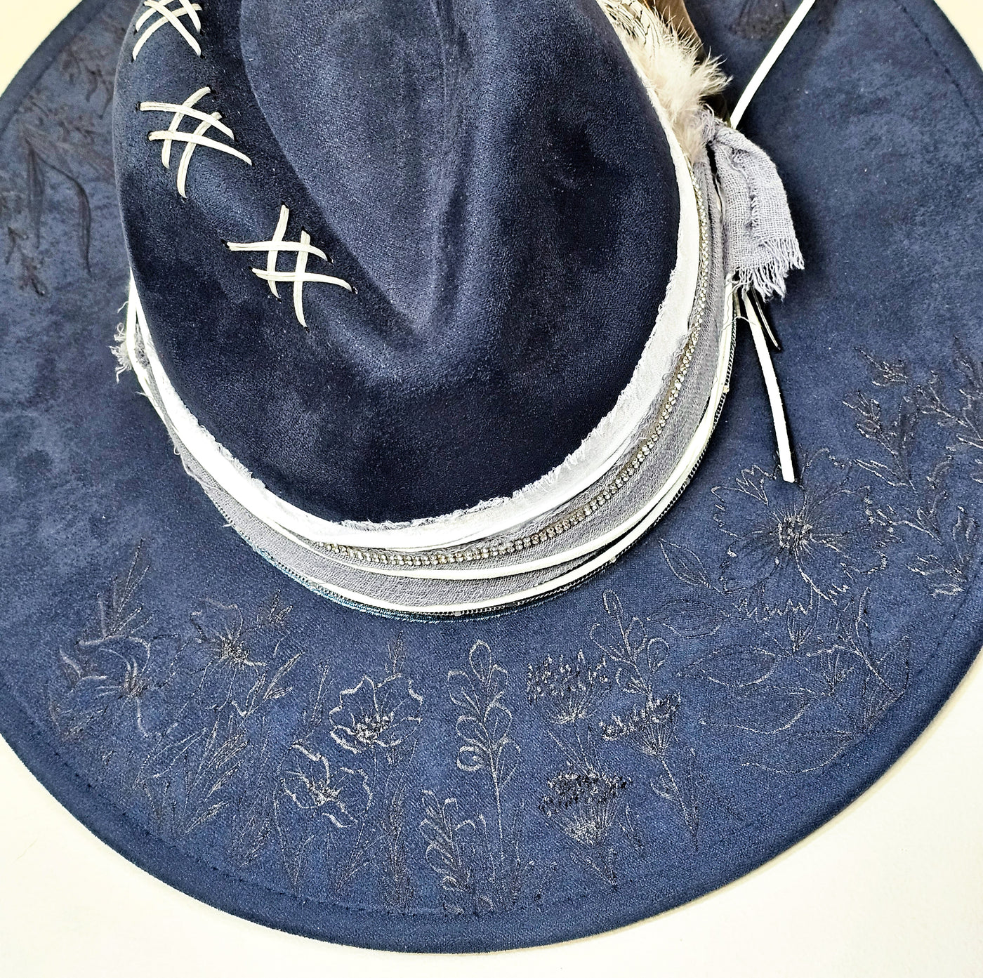 Wildflower Night|| Deep Navy Blue Suede Burned Wide Brim Hat