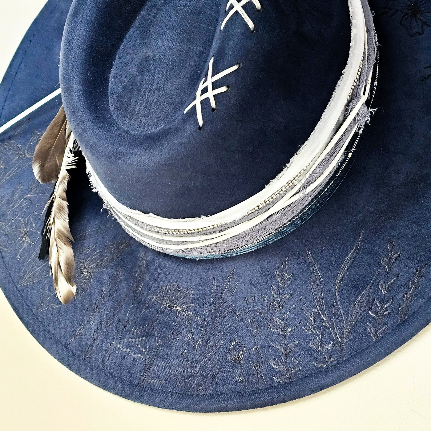 Wildflower Night|| Deep Navy Blue Suede Burned Wide Brim Hat