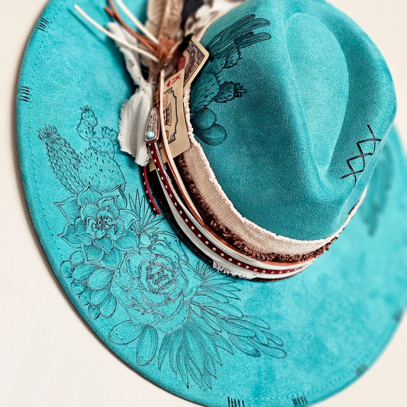 Not a Hugger || Turquoise/Teal Suede Burned Wide Brim Hat