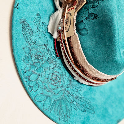 Not a Hugger || Turquoise/Teal Suede Burned Wide Brim Hat