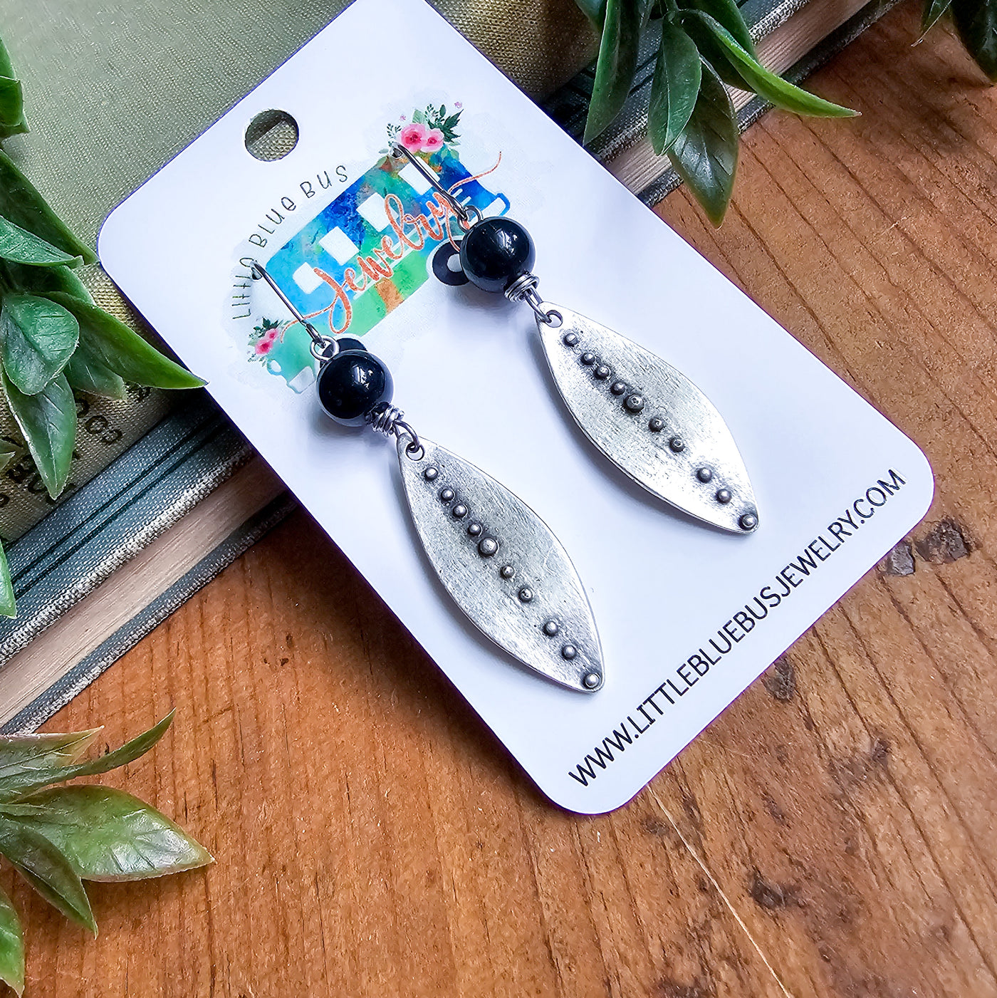 Obsidian + Antique Silver Drop Earrings