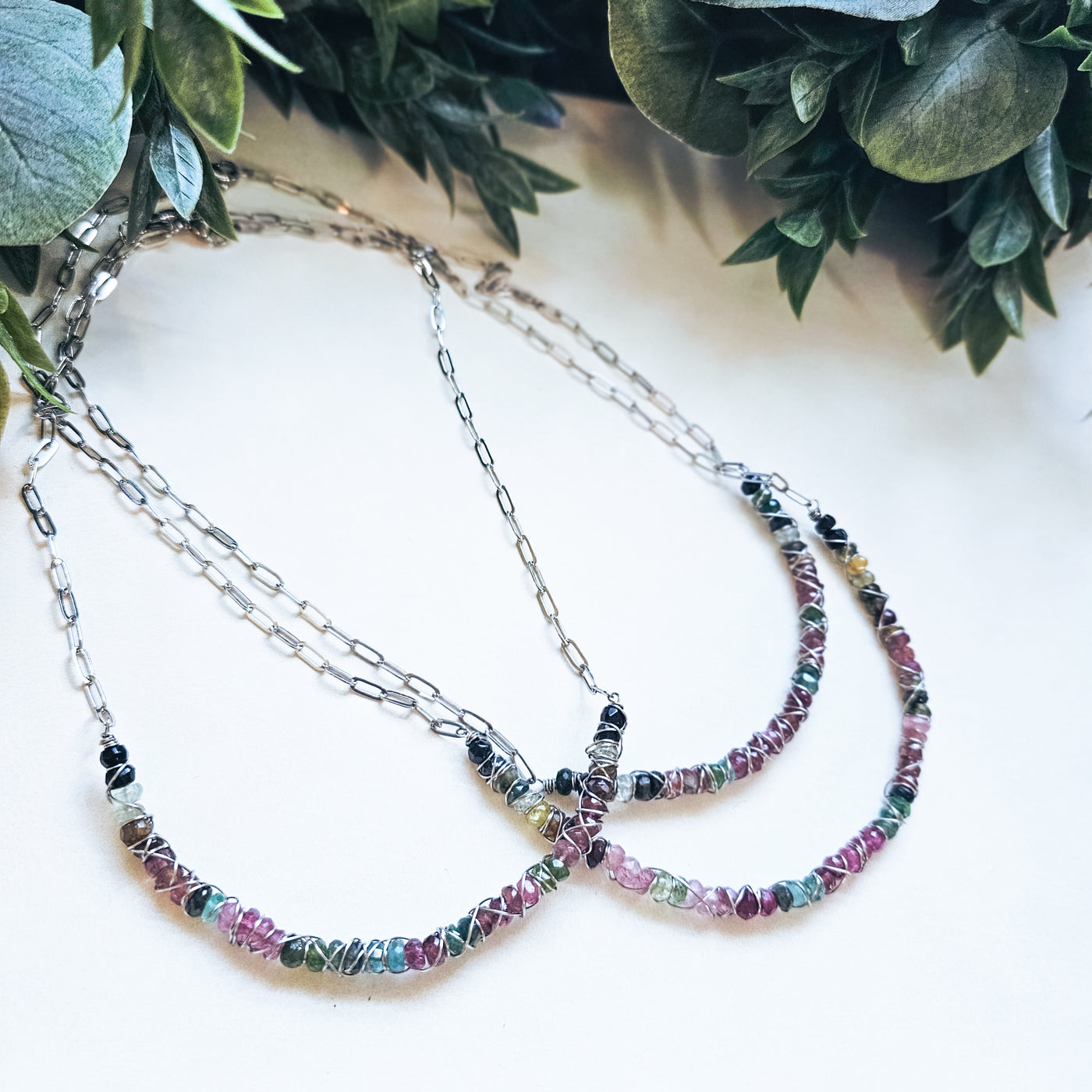 Tourmaline Wire Wrapped Curved Bar || Necklaces