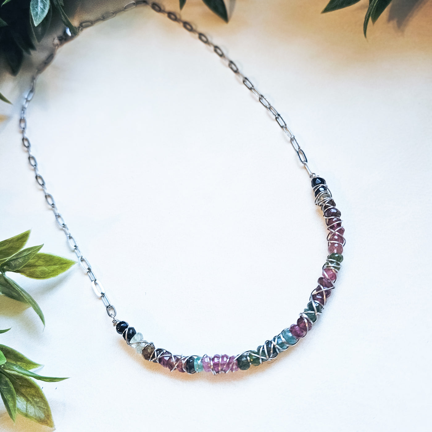 Tourmaline Wire Wrapped Curved Bar || Necklaces