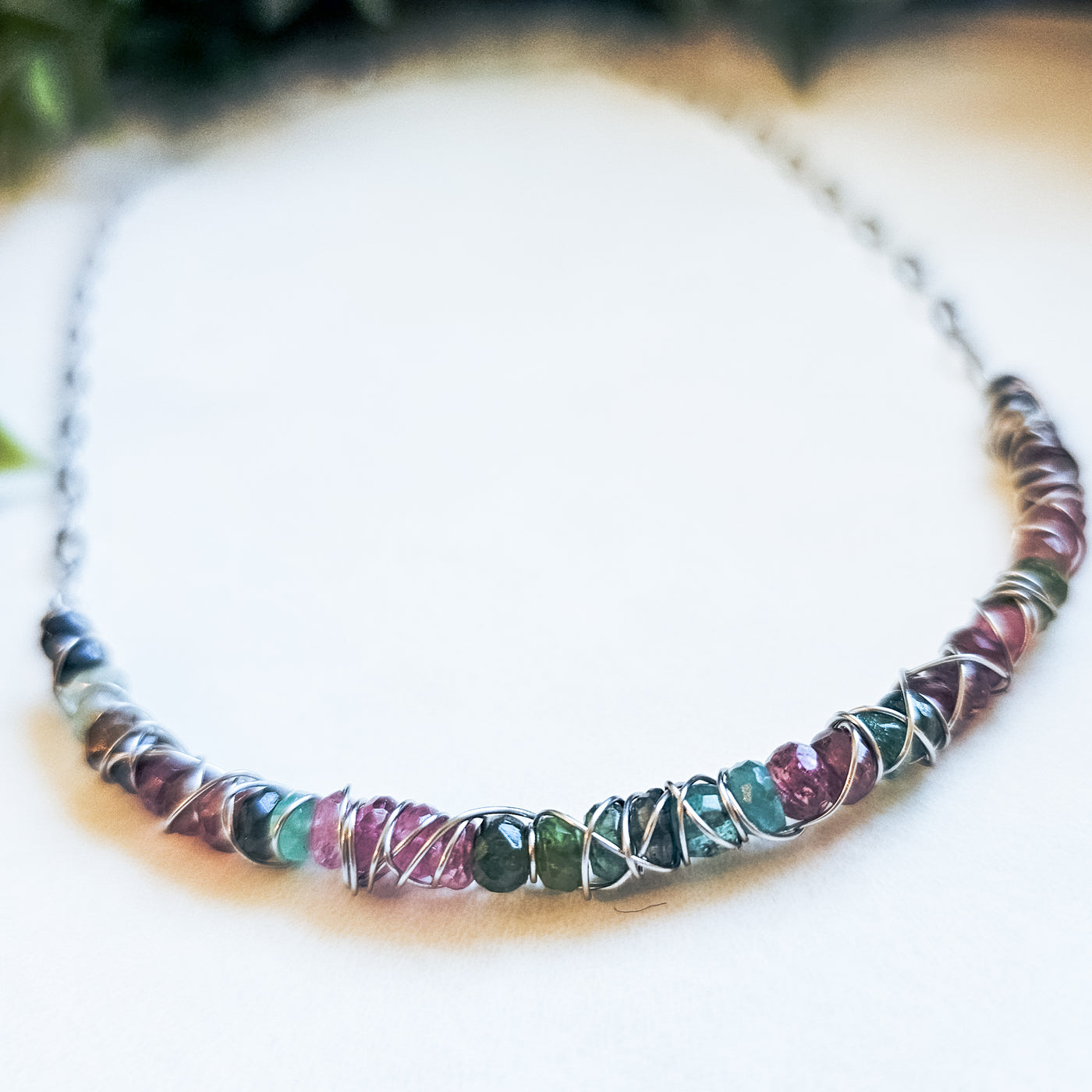 Tourmaline Wire Wrapped Curved Bar || Necklaces