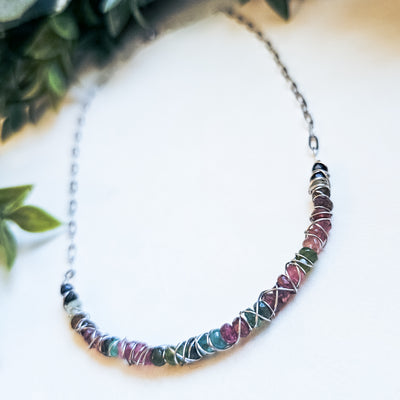 Tourmaline Wire Wrapped Curved Bar || Necklaces