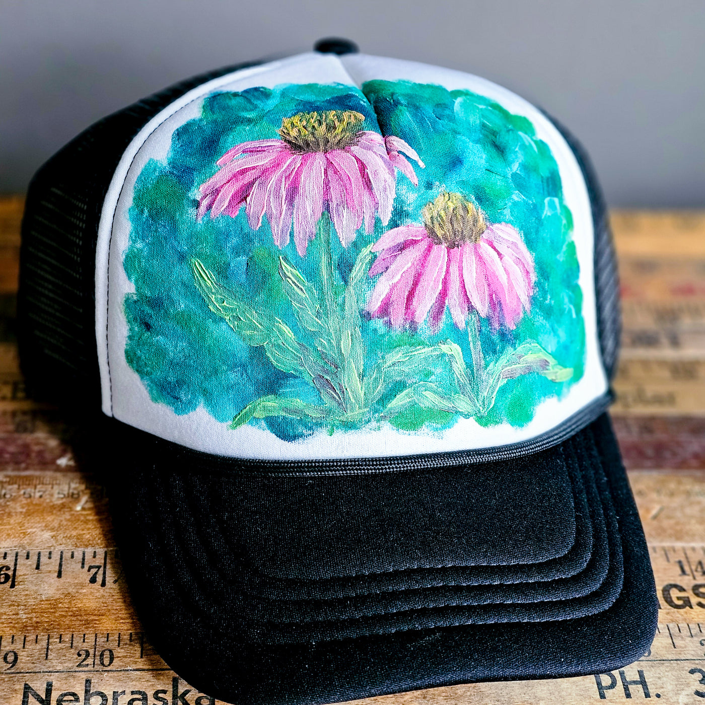 Echinacea || B&W Baseball Style Mesh Trucker Hat || Hand Painted