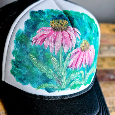 Echinacea || B&W Baseball Style Mesh Trucker Hat || Hand Painted