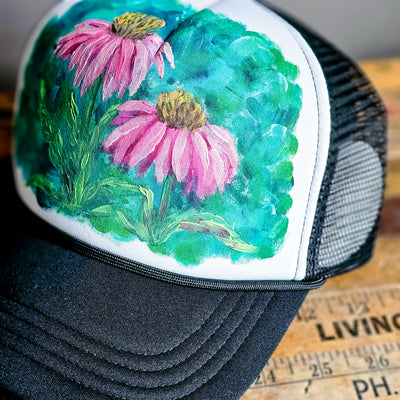 Echinacea || B&W Baseball Style Mesh Trucker Hat || Hand Painted