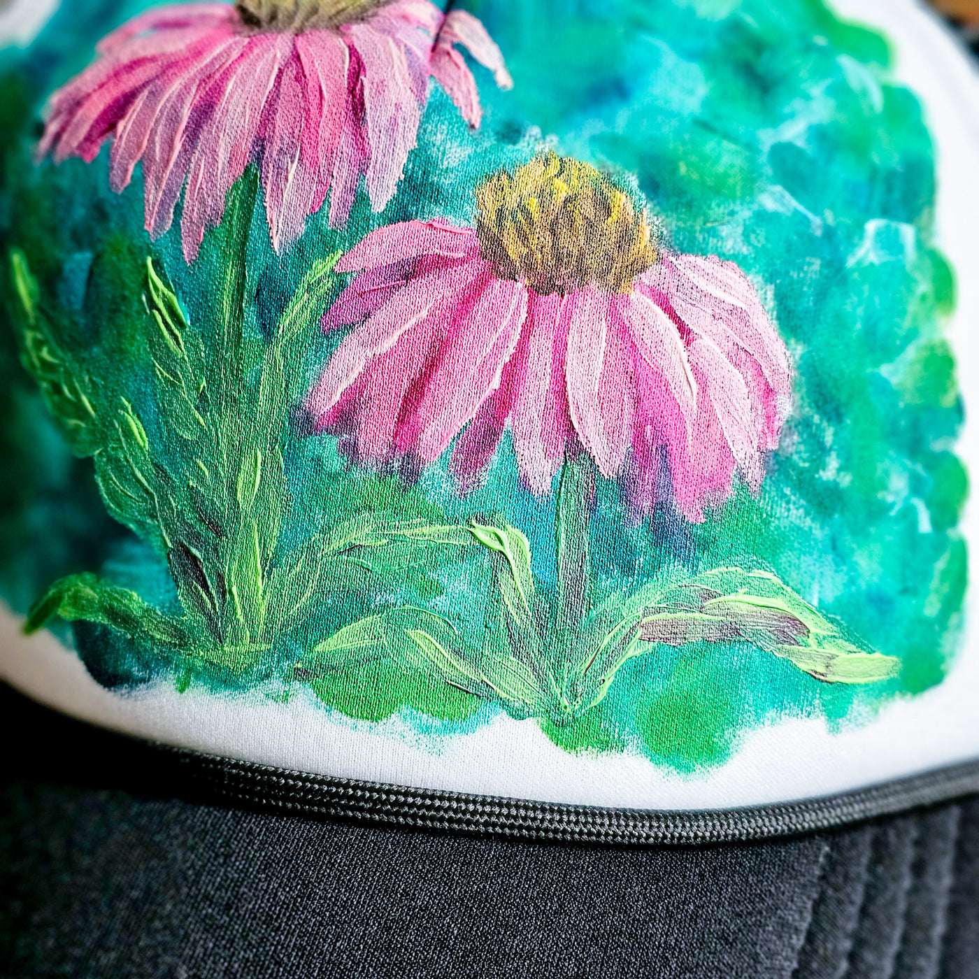 Echinacea || B&W Baseball Style Mesh Trucker Hat || Hand Painted