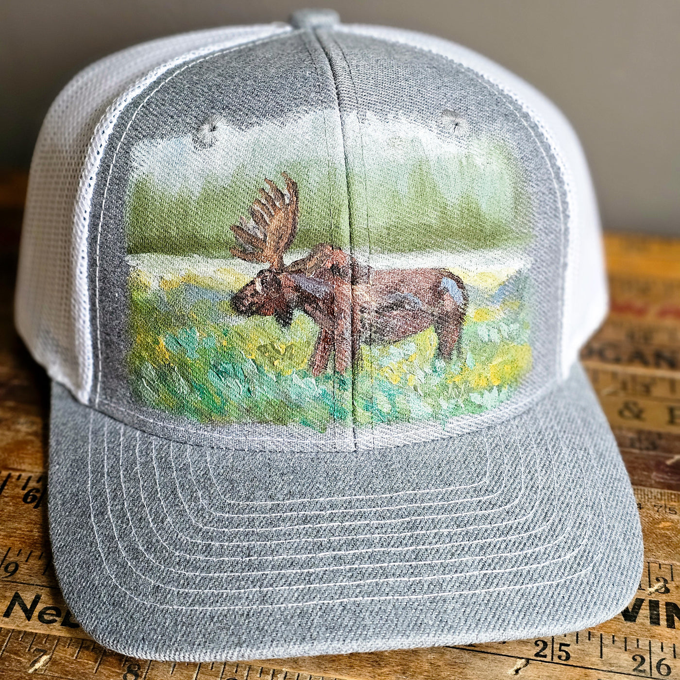 Wandering Moose|| Gray Baseball Style Mesh Trucker Hat || Hand Painted