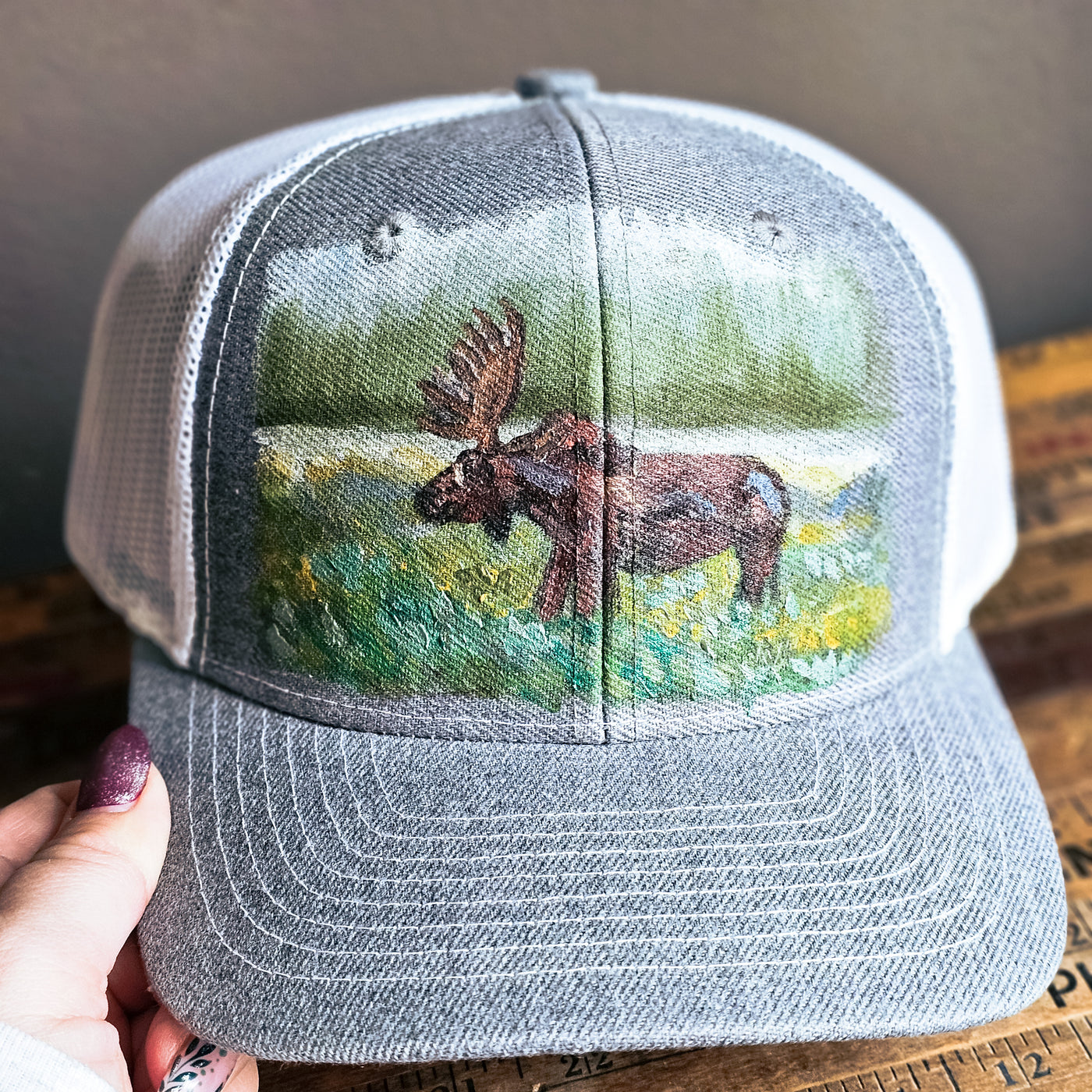 Wandering Moose|| Gray Baseball Style Mesh Trucker Hat || Hand Painted