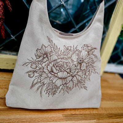 Floral Bouquet || Freehand Burned Design || Light Tan Suede Tote Bag