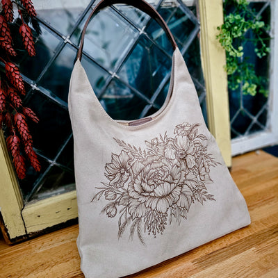 Floral Bouquet || Freehand Burned Design || Light Tan Suede Tote Bag