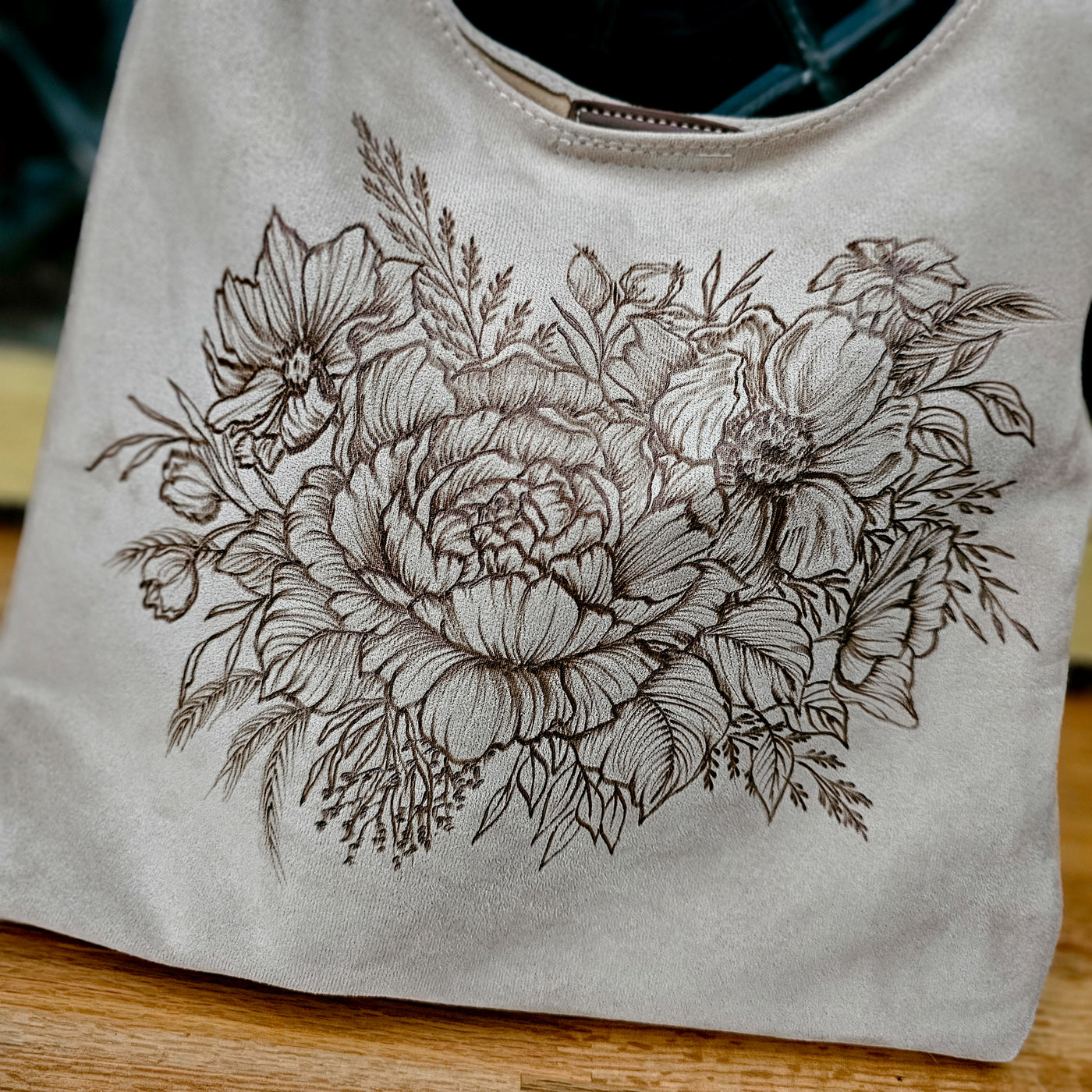 Floral Bouquet || Freehand Burned Design || Light Tan Suede Tote Bag