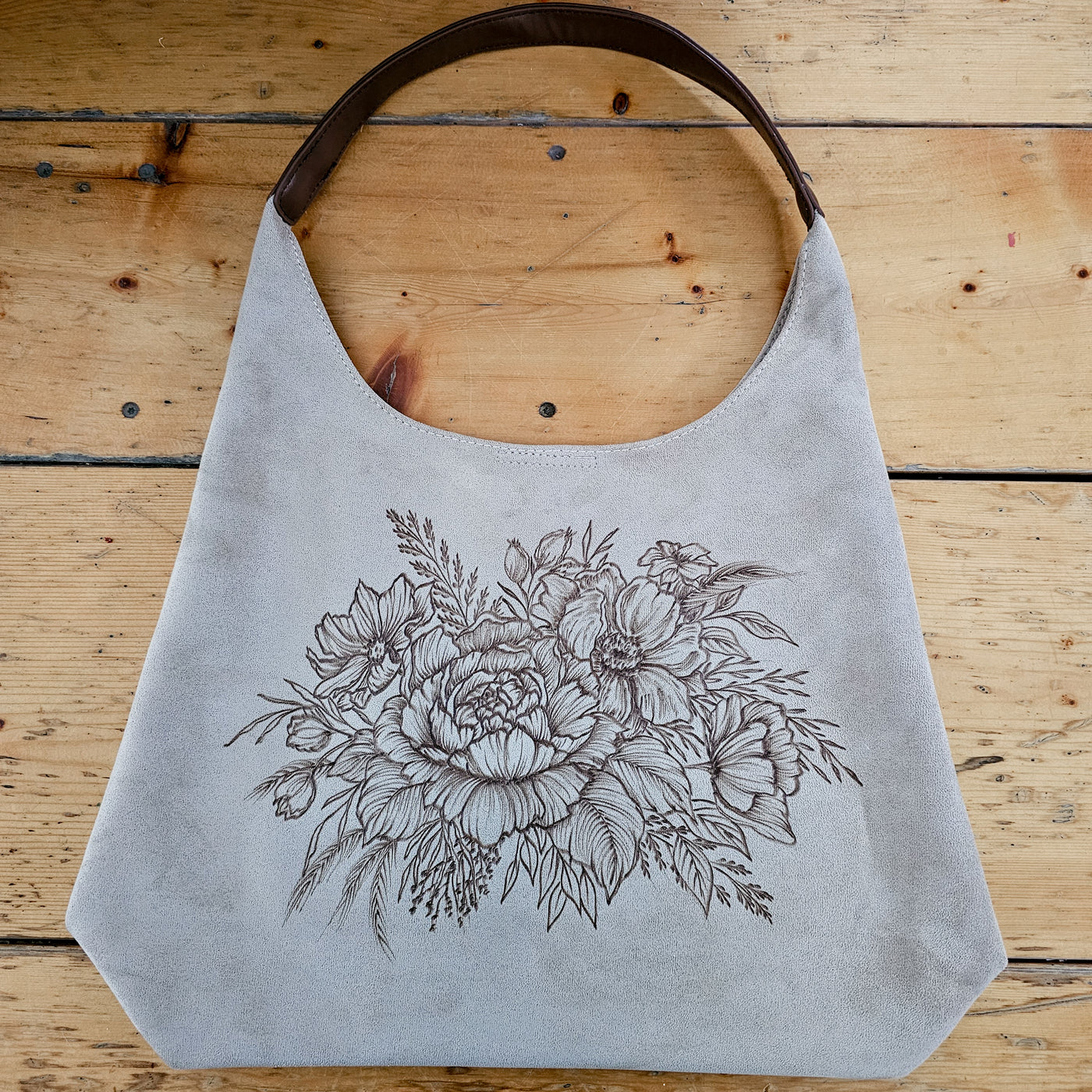 Floral Bouquet || Freehand Burned Design || Light Tan Suede Tote Bag