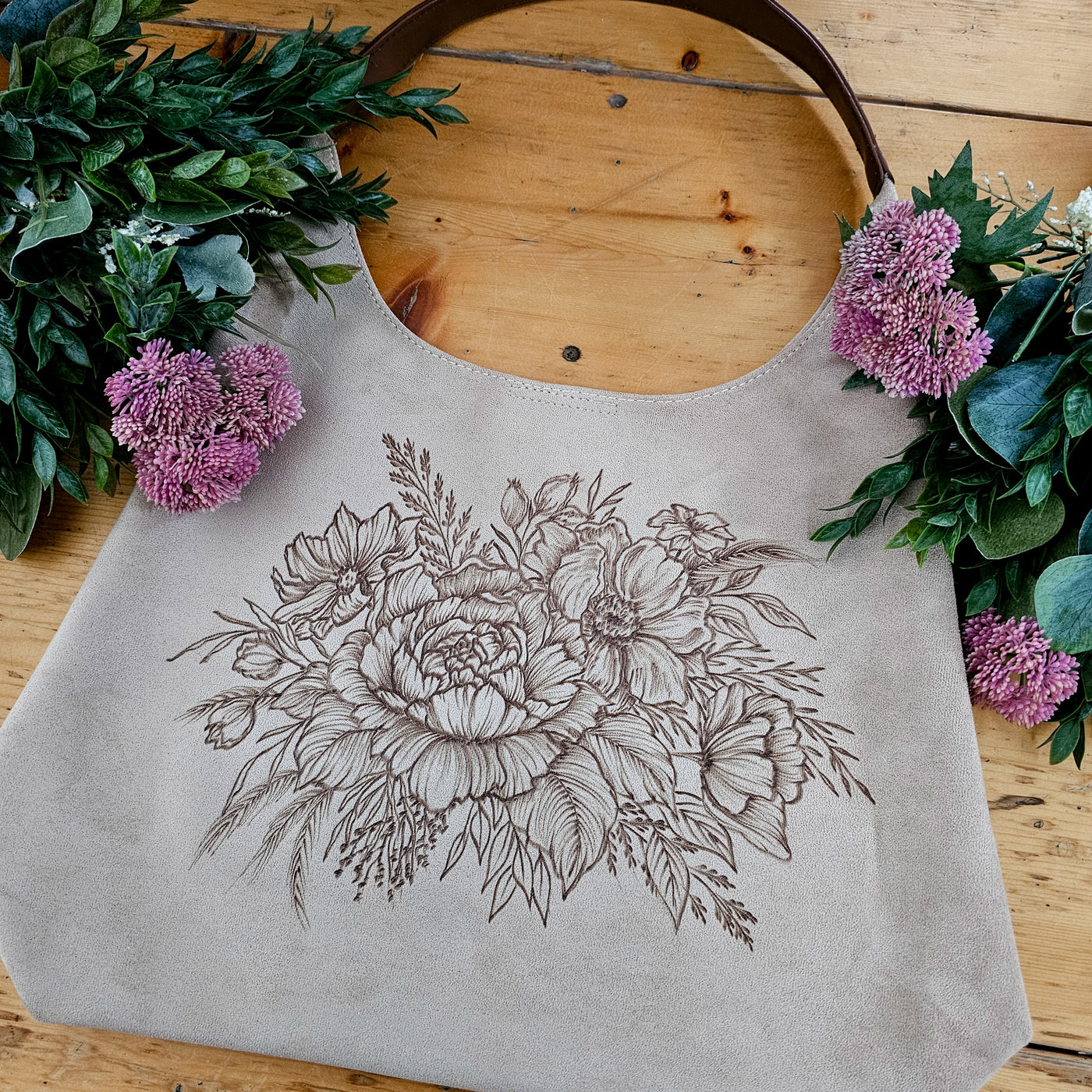 Floral Bouquet || Freehand Burned Design || Light Tan Suede Tote Bag