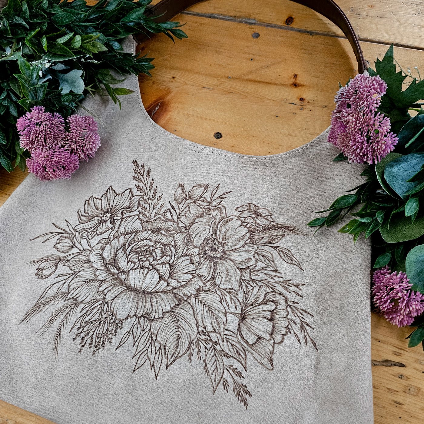 Floral Bouquet || Freehand Burned Design || Light Tan Suede Tote Bag