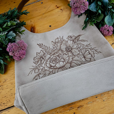 Floral Bouquet || Freehand Burned Design || Light Tan Suede Tote Bag