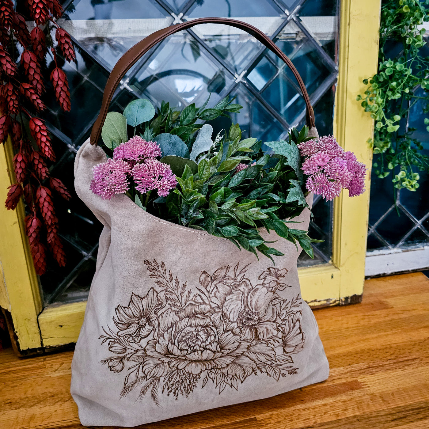 Floral Bouquet || Freehand Burned Design || Light Tan Suede Tote Bag