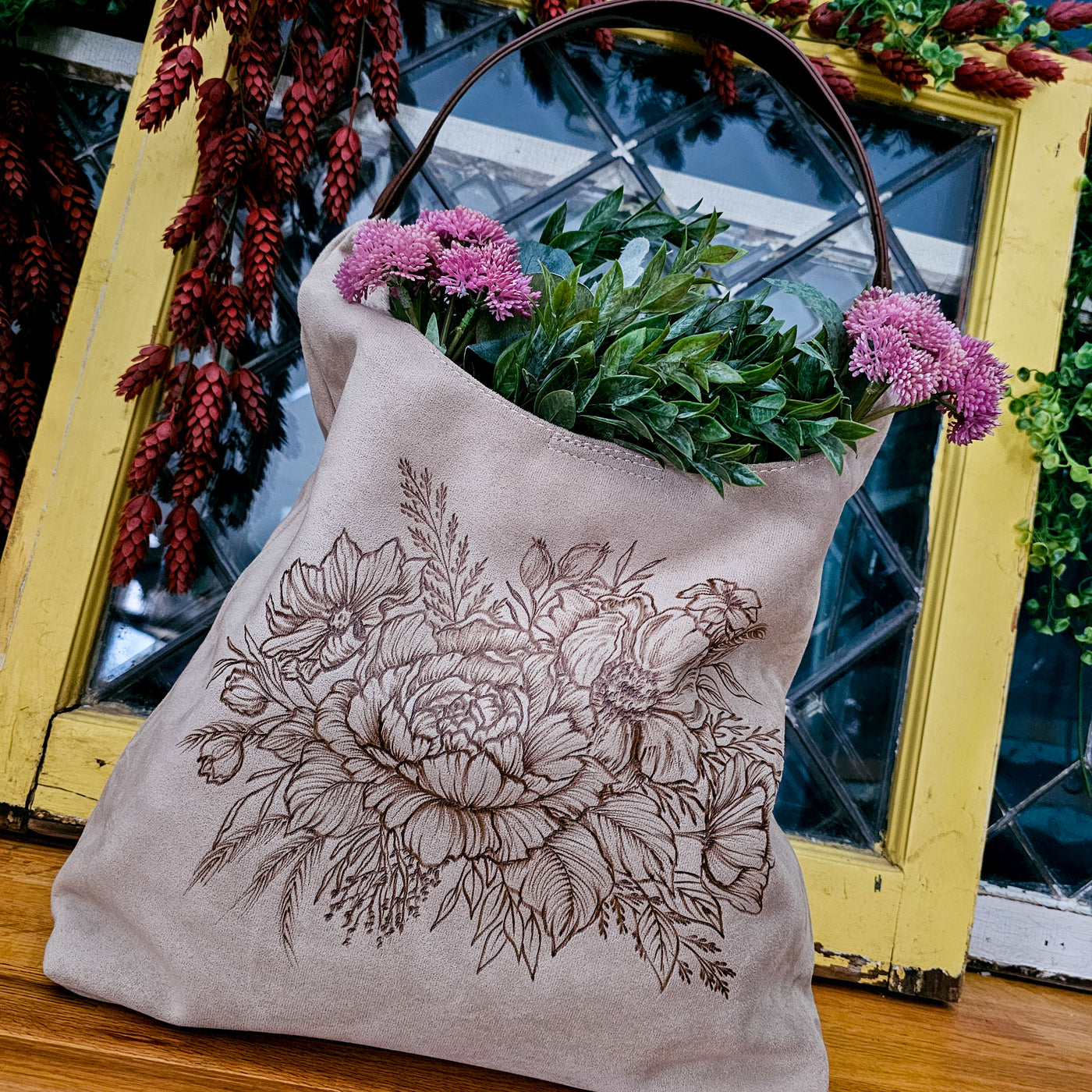 Floral Bouquet || Freehand Burned Design || Light Tan Suede Tote Bag