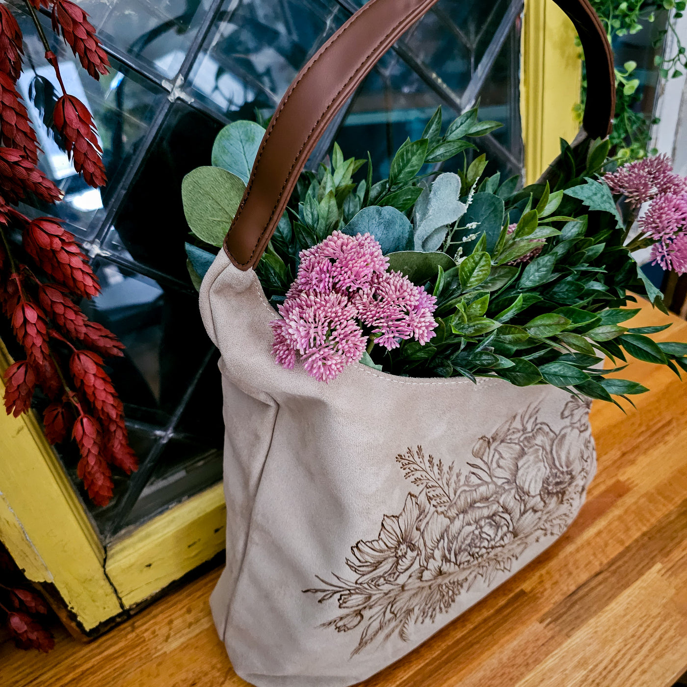 Floral Bouquet || Freehand Burned Design || Light Tan Suede Tote Bag