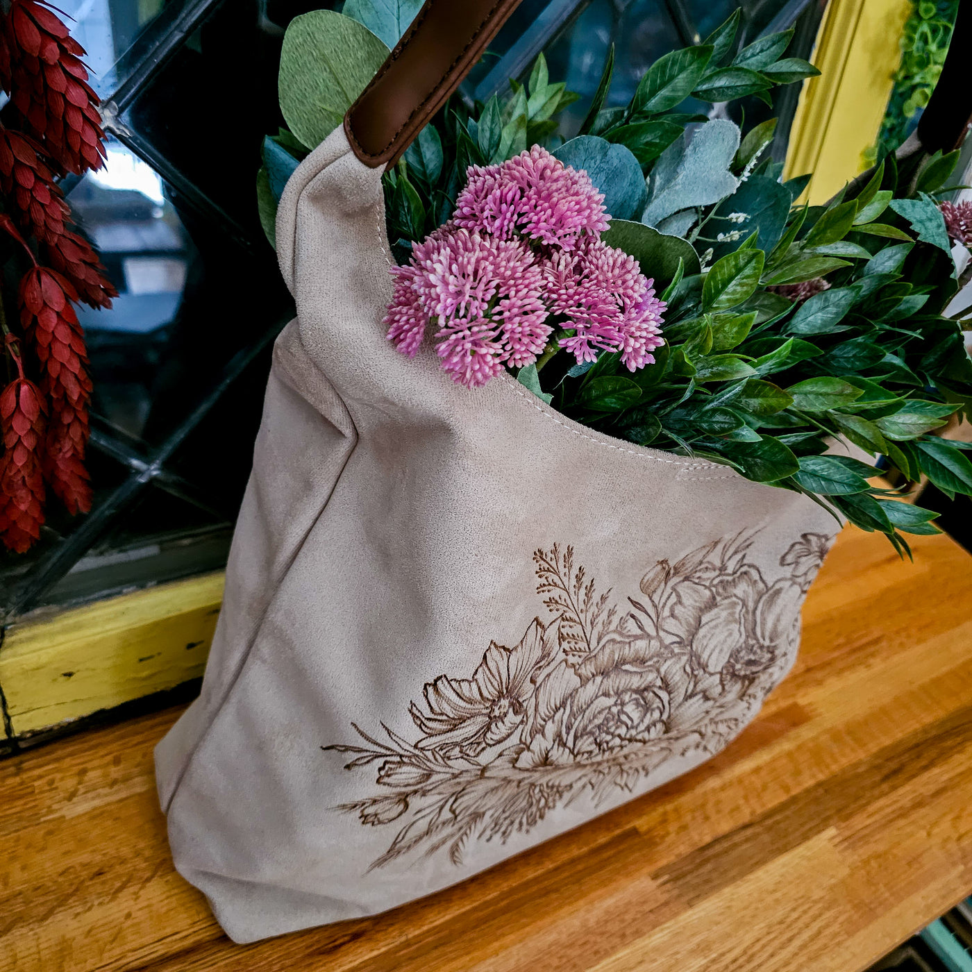 Floral Bouquet || Freehand Burned Design || Light Tan Suede Tote Bag