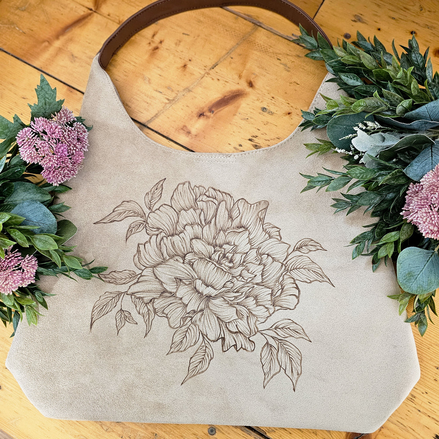 Peony || Freehand Burned Design || Light Tan Suede Tote Bag