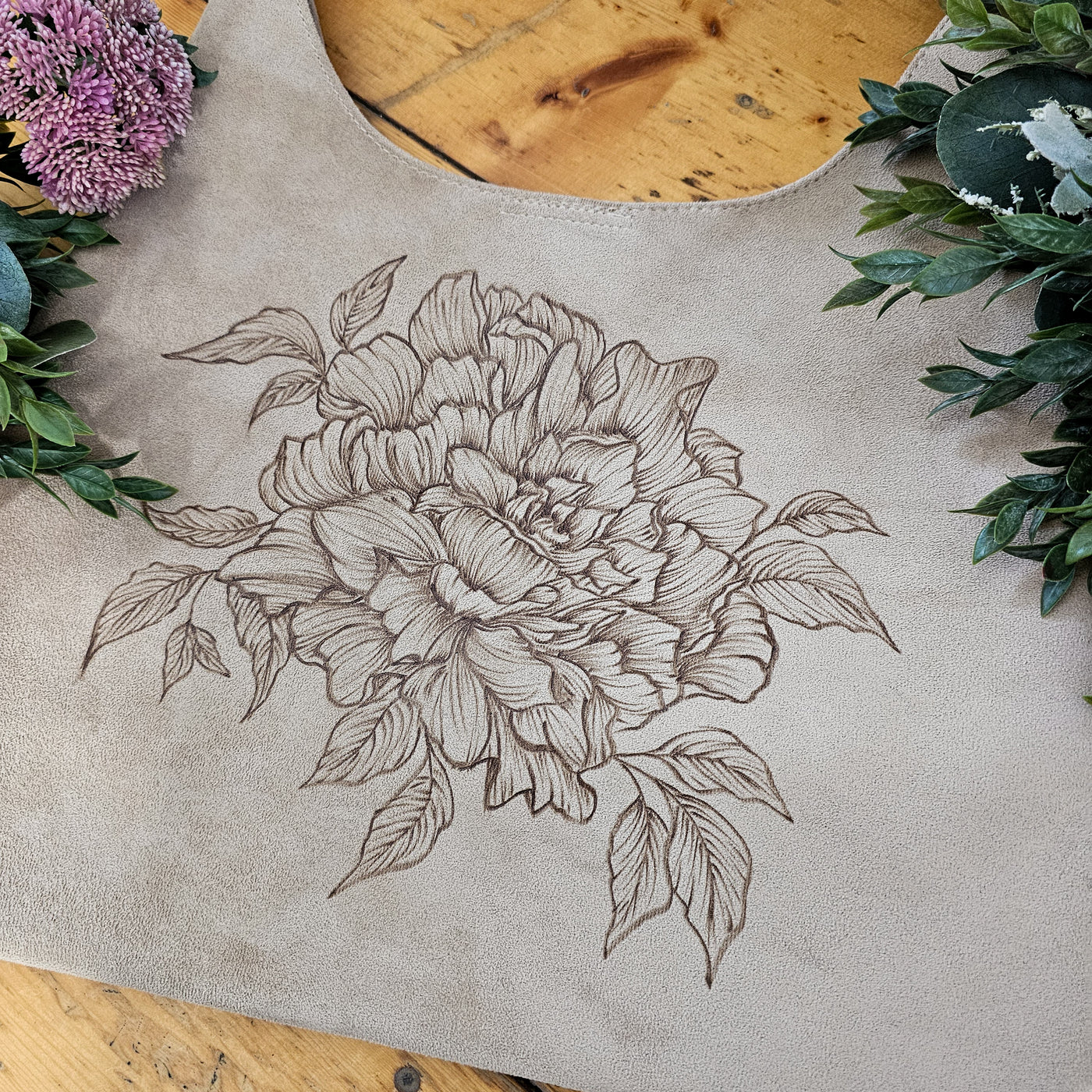 Peony || Freehand Burned Design || Light Tan Suede Tote Bag