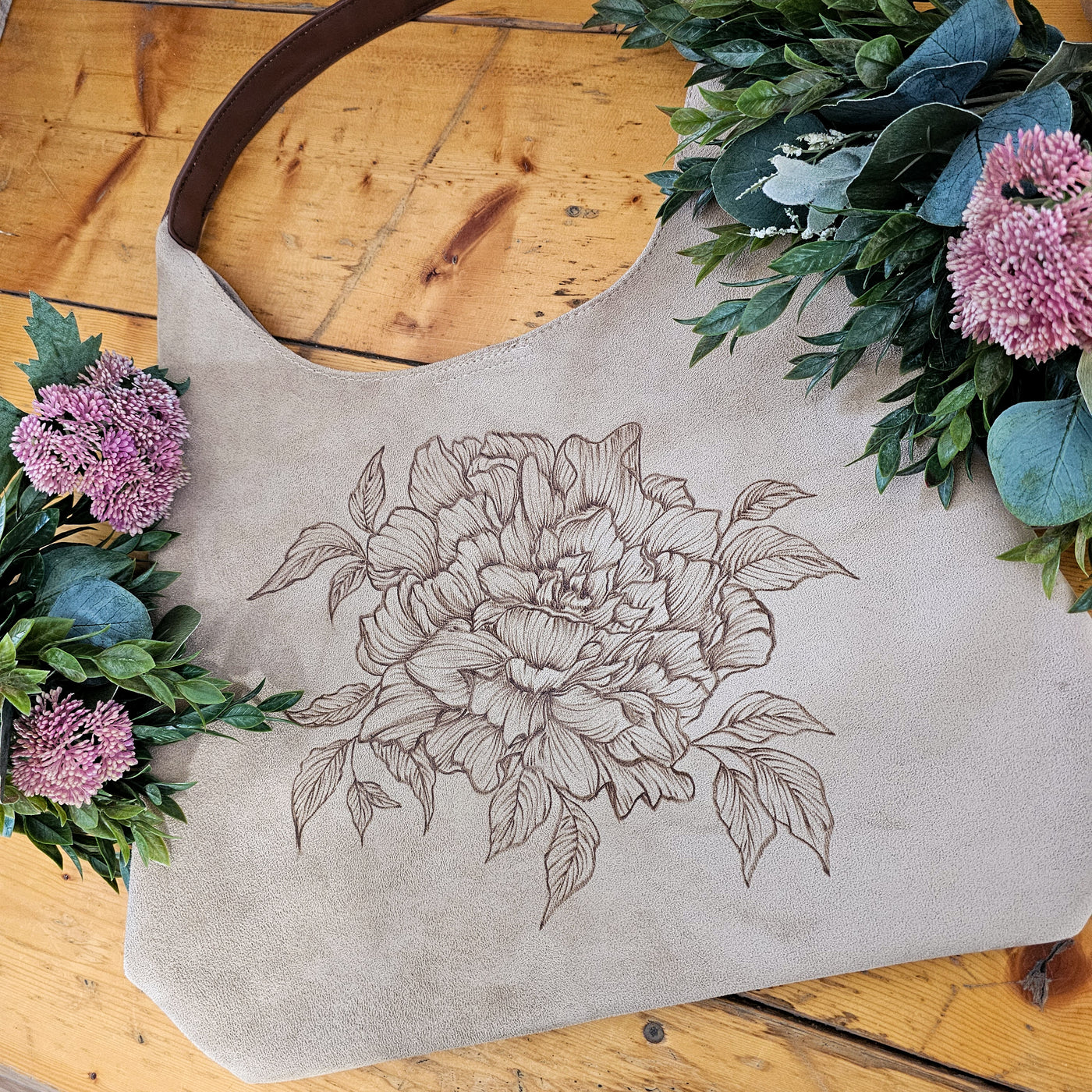 Peony || Freehand Burned Design || Light Tan Suede Tote Bag