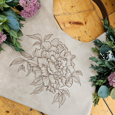 Peony || Freehand Burned Design || Light Tan Suede Tote Bag