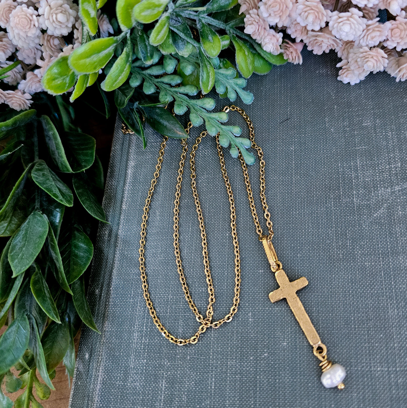 Hammered Cross + Pearl || Necklaces