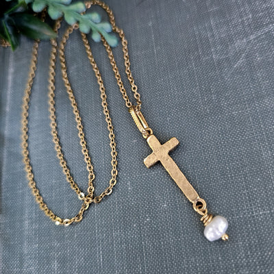 Hammered Cross + Pearl || Necklaces