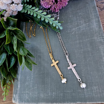 Hammered Cross + Pearl || Necklaces