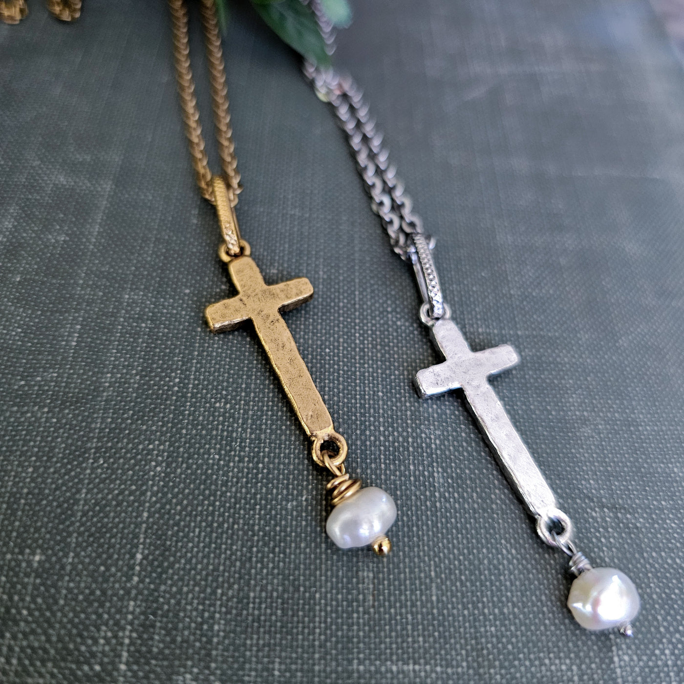 Hammered Cross + Pearl || Necklaces