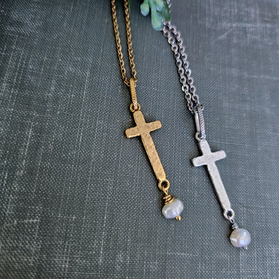 Hammered Cross + Pearl || Necklaces