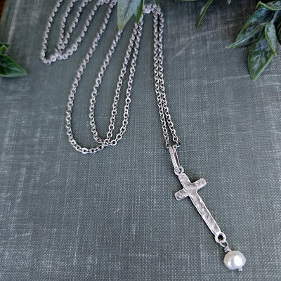 Hammered Cross + Pearl || Necklaces