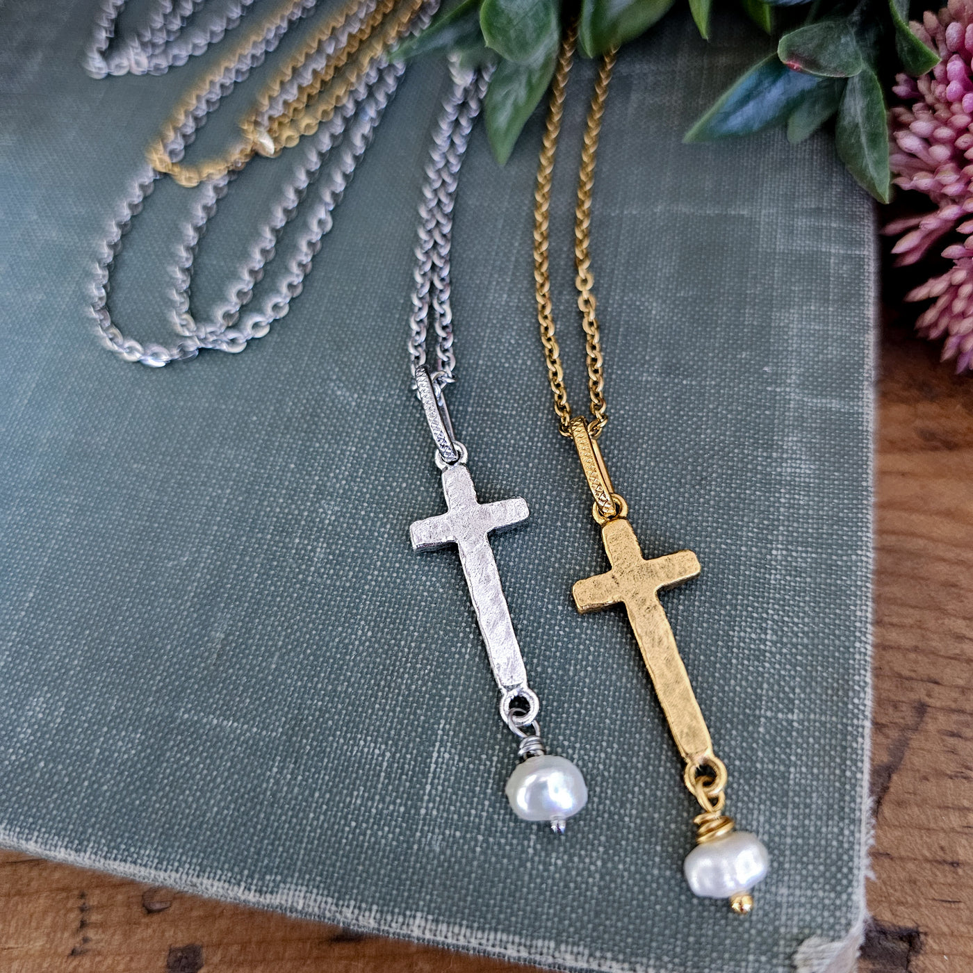 Hammered Cross + Pearl || Necklaces