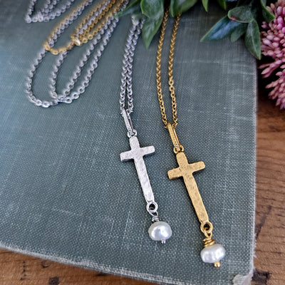 Hammered Cross + Pearl || Necklaces