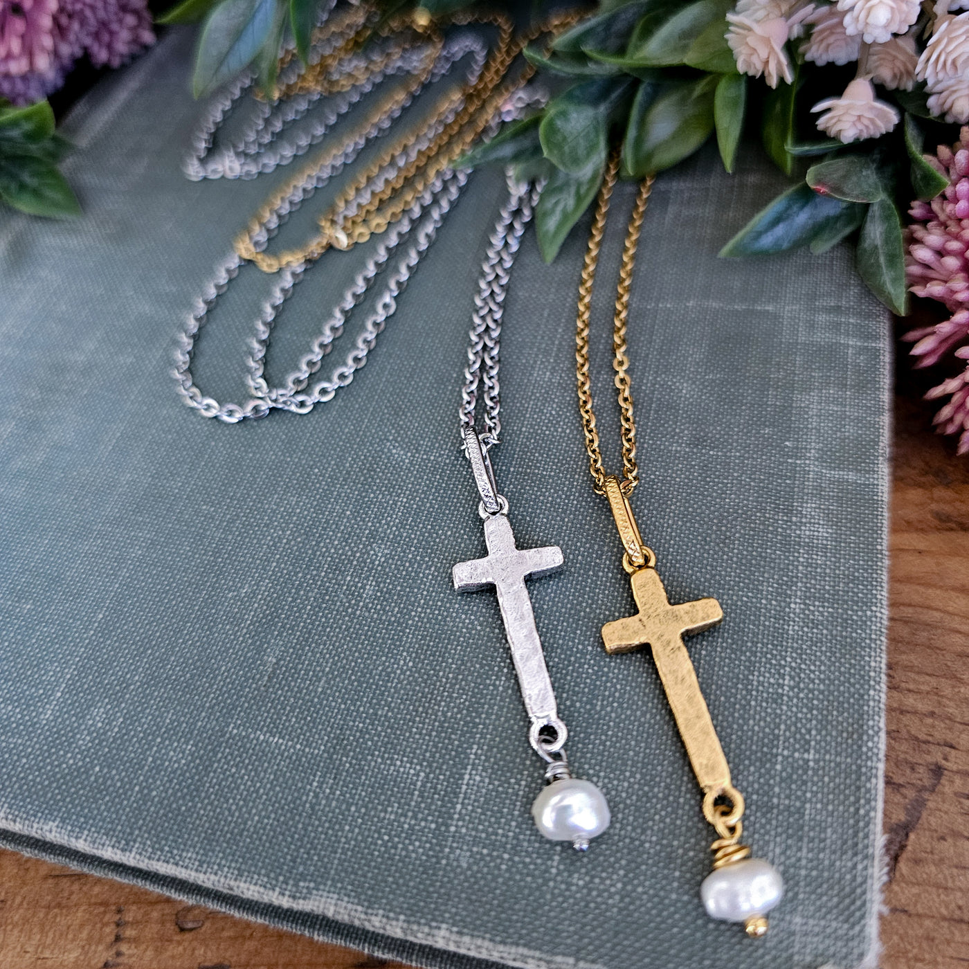 Hammered Cross + Pearl || Necklaces